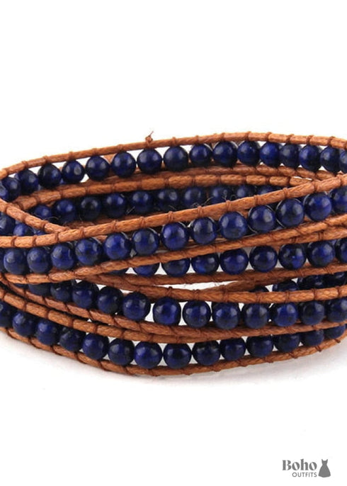 Pulsera Boho, RH, Pulsera de Cuero de 5 Capas, Piedras Naturales de 4 mm, Azul, Blanco y Negro